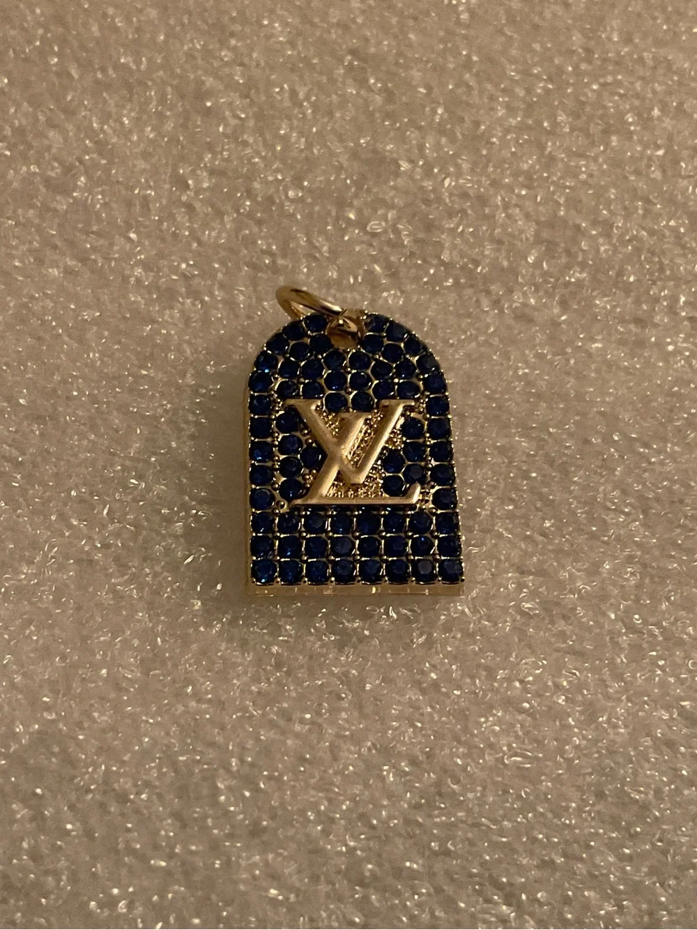 Louis Vuitton Blue Crystal Pavé LV Charm Gold Tone Rare Designer Component